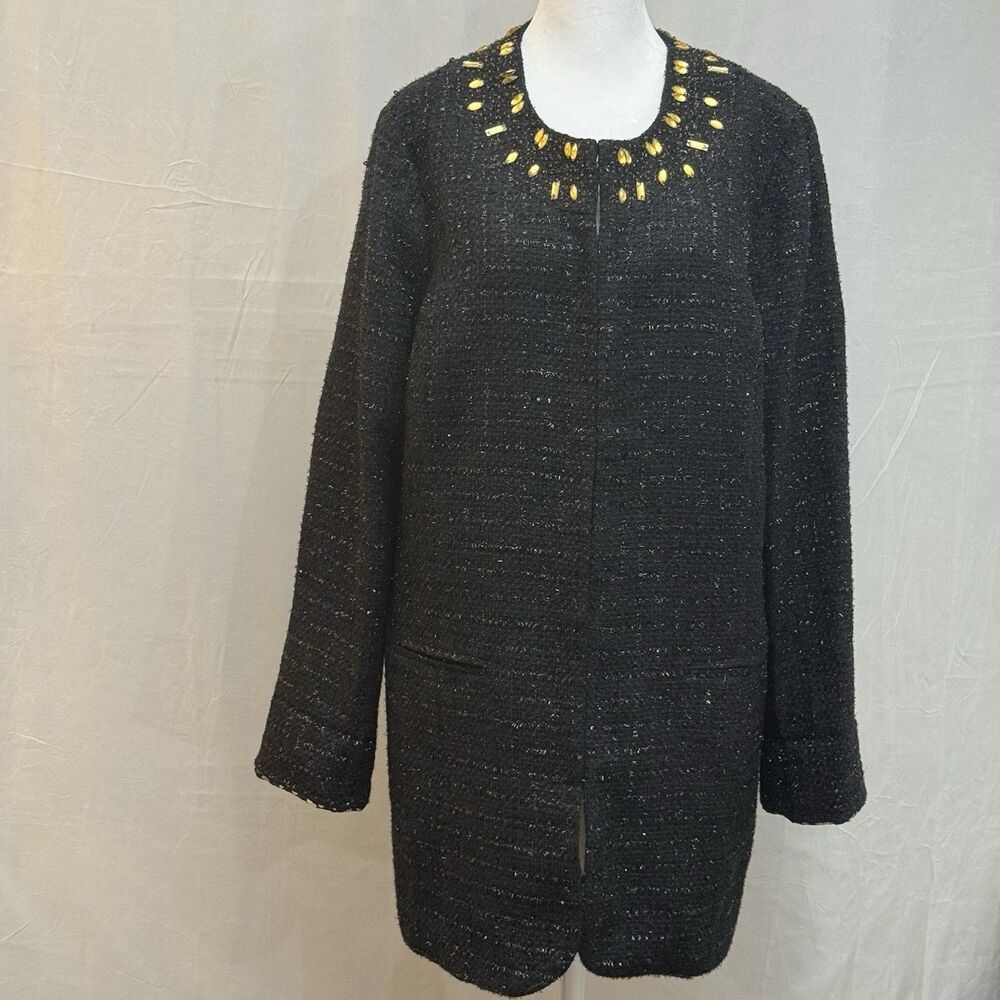 Chico’s Size 2 Black Tweed Jacket Jeweled Neckline Leopard Lined Mid Length Chic